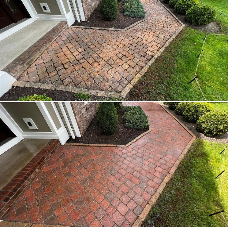 Paver walkway before and after — grime stripped back to original color